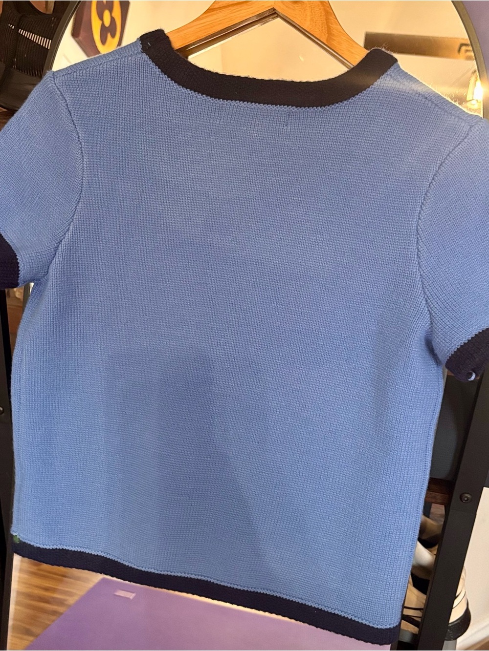 English Factory Light Blue Short-Sleeve Knit Top with Navy Trim